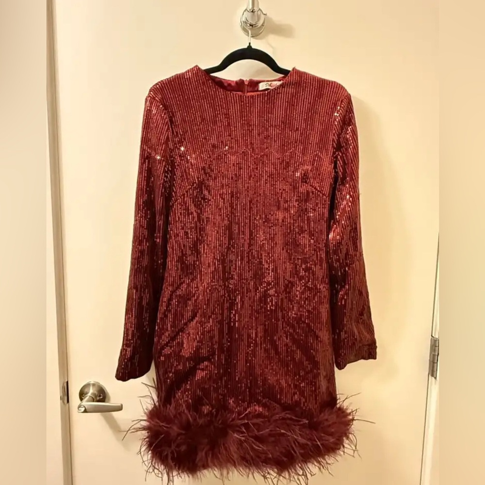 Holiday Sparkly Red Wine Dress with Feather Trim